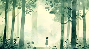 绿色树林小女孩水彩风插画摄影图片